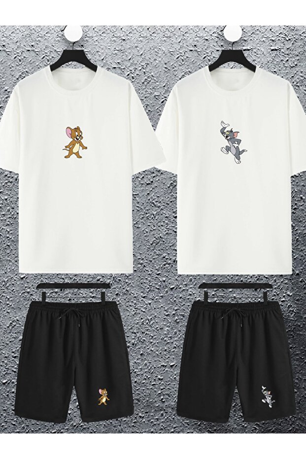 Unisex Women Men Cute Tom and Jerry Printed Lover Couple Combination Design Oversize Tshirt and Shorts