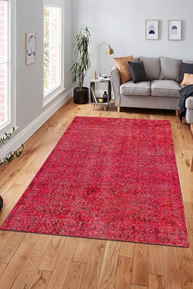 Elarte Kırmızı Eskitme Desenli Pamuk Tabanlı Yıkanabilen Kaydırmaz Antibakteriyel Şönil Salon Halısı - 2