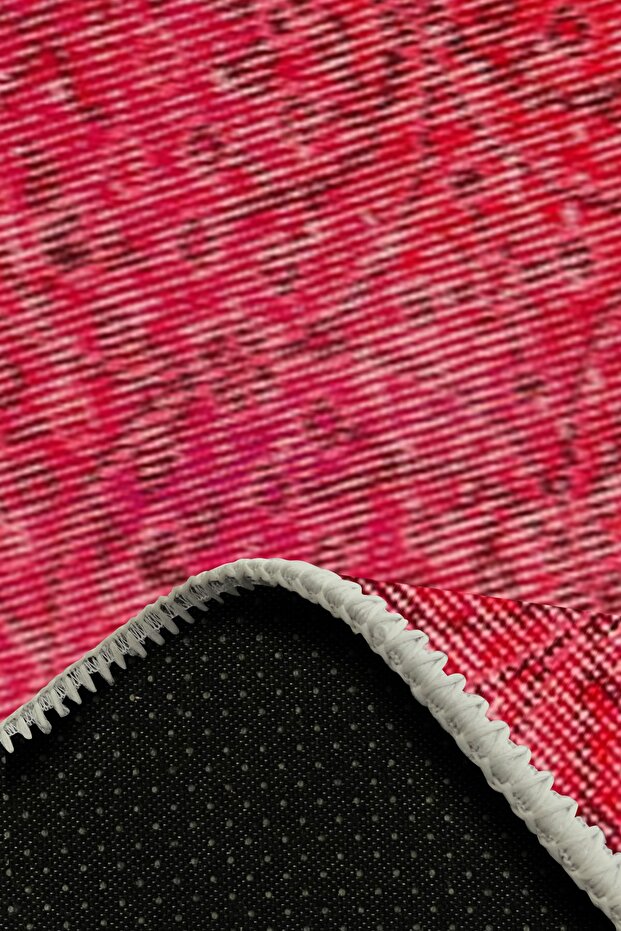 Elarte Kırmızı Eskitme Desenli Pamuk Tabanlı Yıkanabilen Kaydırmaz Antibakteriyel Şönil Salon Halısı - 4