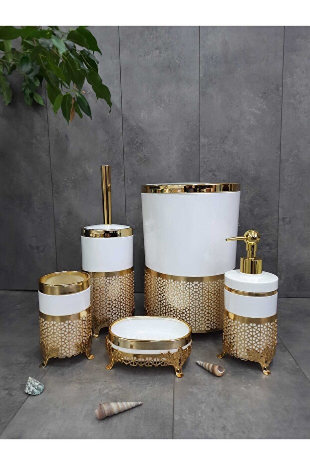 Avangard Cream Gold Embroidered 5-Piece Bathroom Set