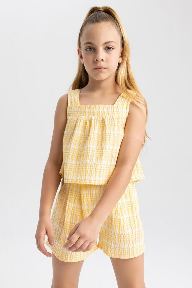 Girl's Square Patterned Sleeveless Blouse Shorts Set of 2 B1332a823hs