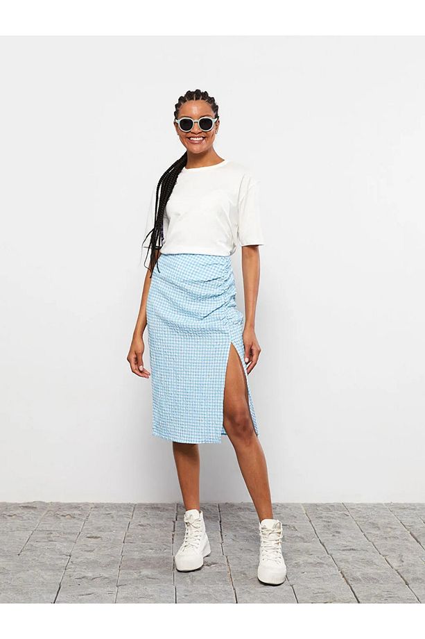 Lcw Casual Beli Fermuarlı Ekose Poplin Kadın Etek - 1