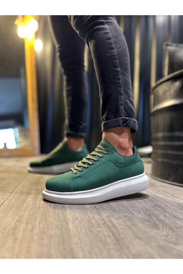 P045 Bağcıklı Yüksek/kalın Ortopedik Taban Erkek Sneaker Spor Ayakkabı Bt Yeşil - 3