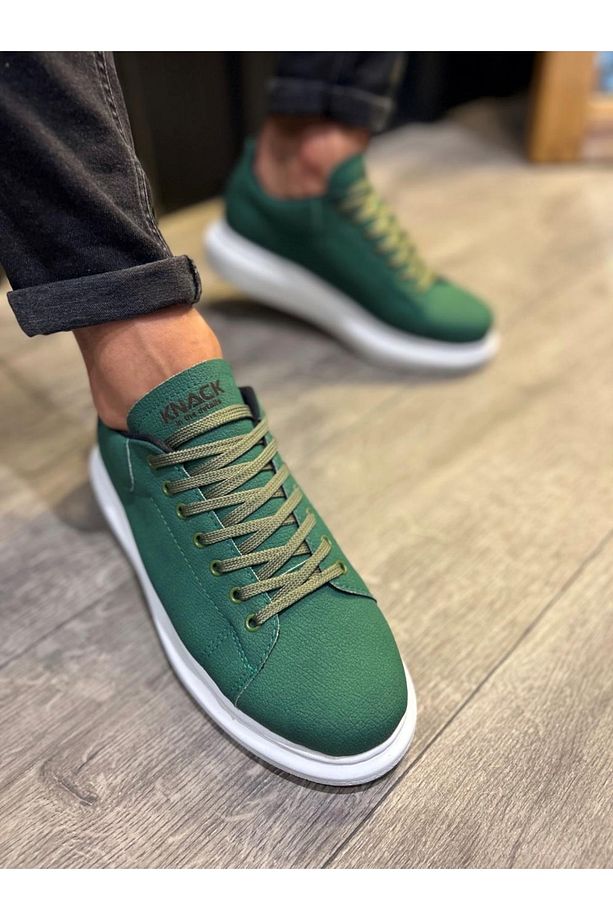 P045 Bağcıklı Yüksek/kalın Ortopedik Taban Erkek Sneaker Spor Ayakkabı Bt Yeşil - 4