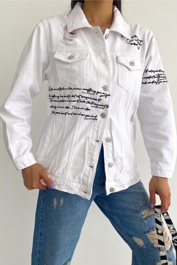 Women's White New Season Laser Cut Double Pocket Lettering Embroidery Denim Jacket