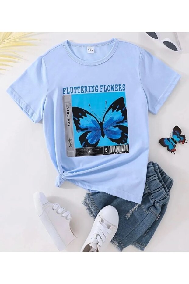 Fluttering Flower Printed Crew Neck Oversize Children's T-shirt