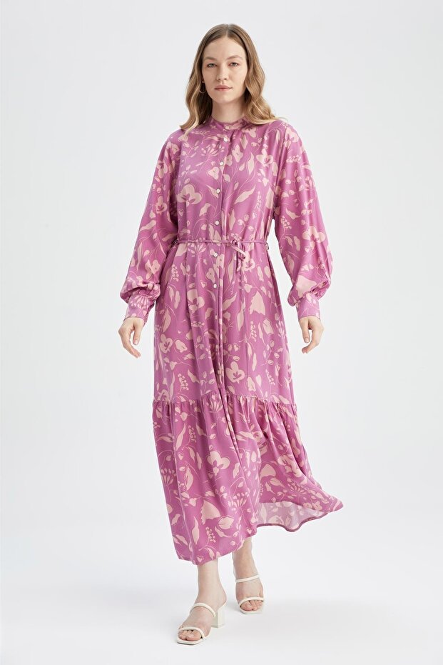 Květinové Maxi šaty s dlouhým rukávem Regular Fit s výstřihem a výstřihem - 6