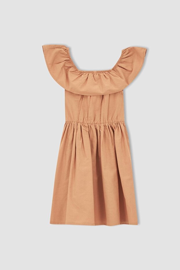 Girl's Flexible Carmen Collar Short Sleeveless Poplin Dress