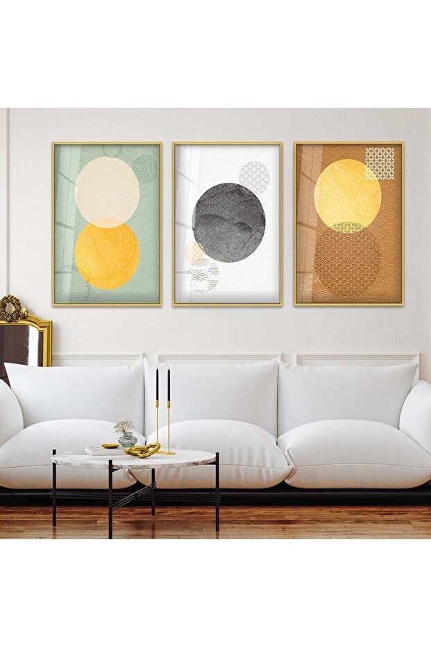 Gold Metal Framed Collage Drawing Flower Triple Unbreakable Glass Painting Set