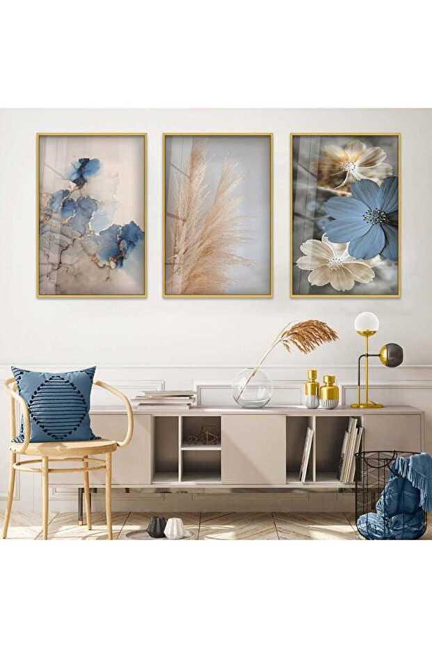 Gold Metal Framed Colorful Flower Triple Unbreakable Glass Table Set