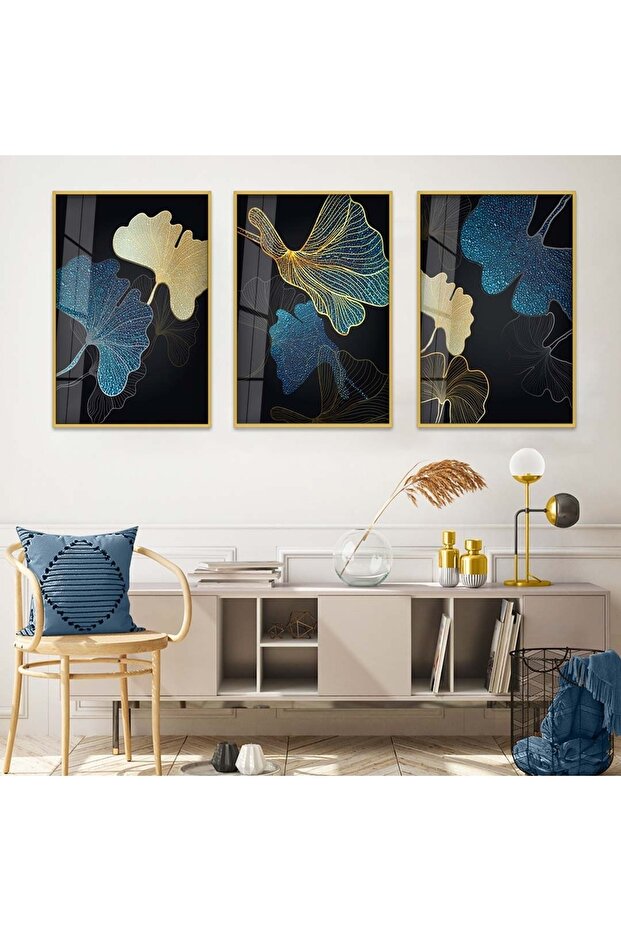 Gold Metal Framed Abstract Pattern Flower Triple Unbreakable Glass Painting Set
