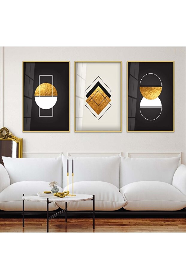 Gold Metal Framed Abstract Pattern Shapes Triple Unbreakable Glass Painting Set