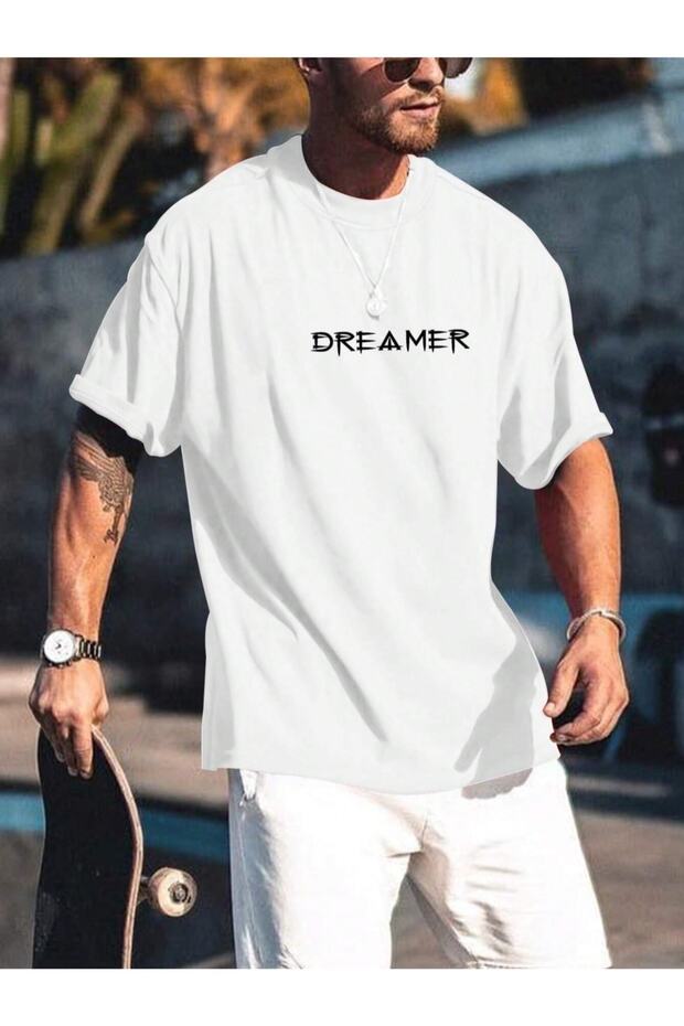 تي شيرت قطني صيفي كبير الحجم مطبوع عليه Dreamer بياقة دائرية