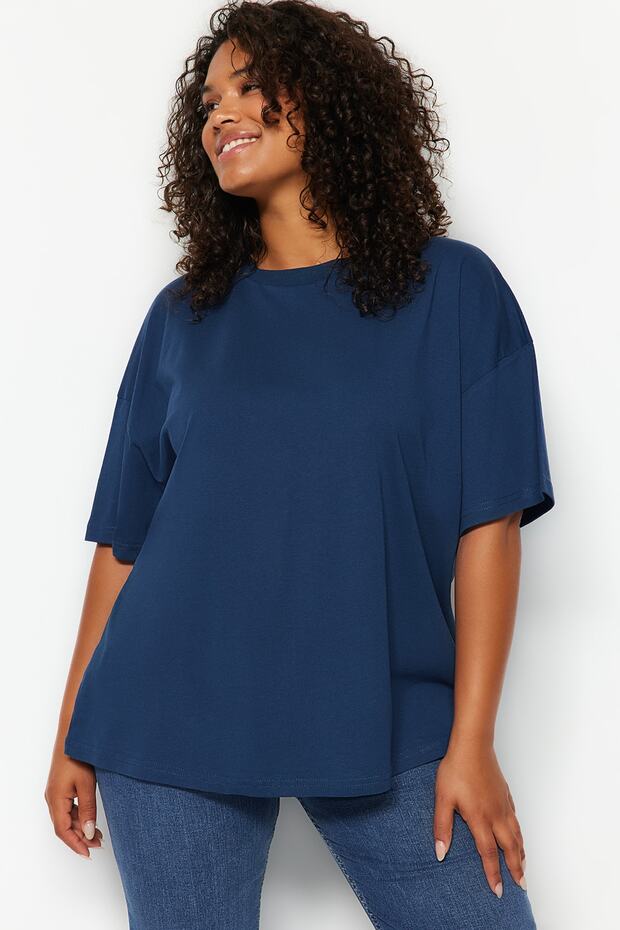 Lacivert Yaka Ribanalı Geniş Kalıp %100 Pamuk Basic Örme T-shirt TBBSS23BF00017 - 2