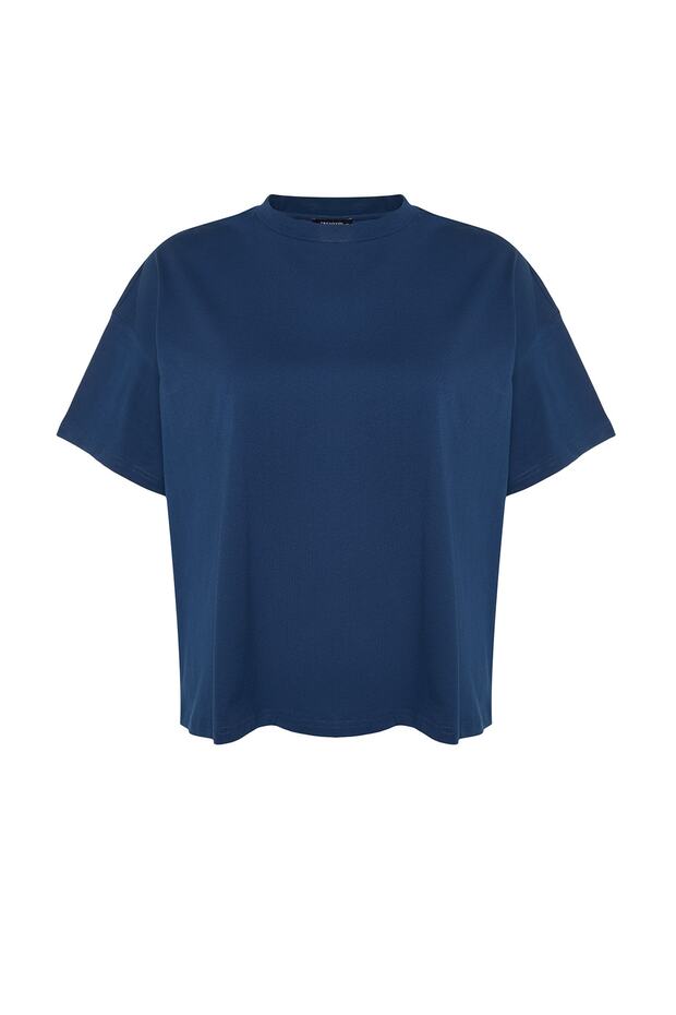Lacivert Yaka Ribanalı Geniş Kalıp %100 Pamuk Basic Örme T-shirt TBBSS23BF00017 - 6