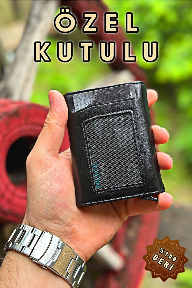 Men's Genuine Leather Black Wallet Retro Napa Real Leather Wallet with Card Mechanism