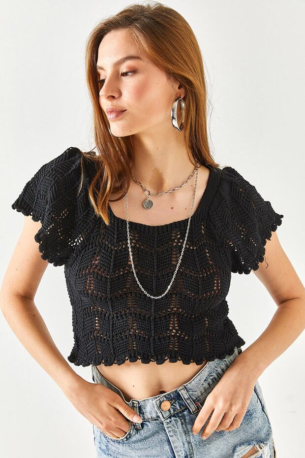 Women's Black Shoulder Detailed Openwork Crop Knitwear Blouse BLZ-19002151