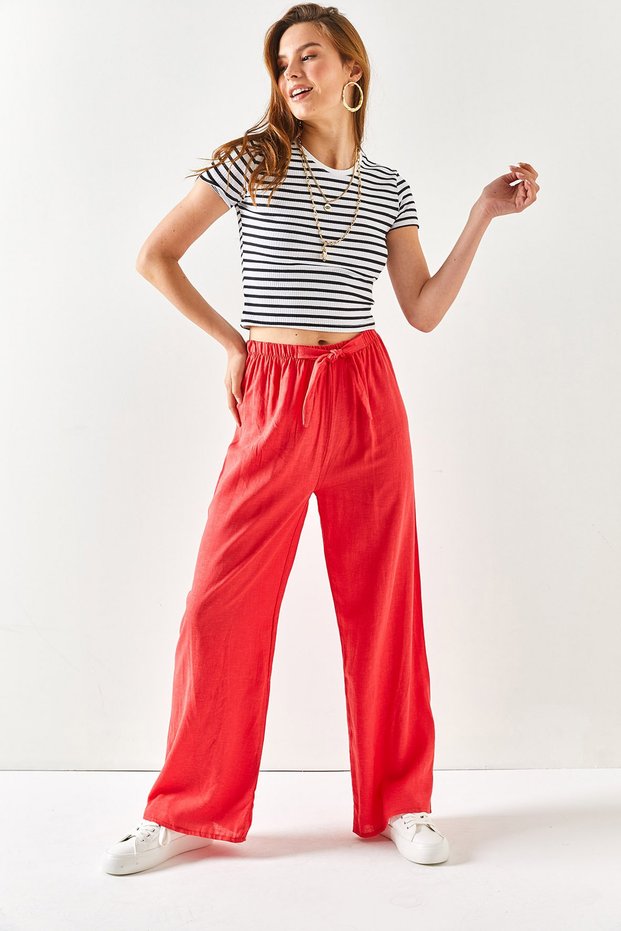 Women's Coral Waist Elasticated Laced Palazzo Linen Trousers PNT-19000219