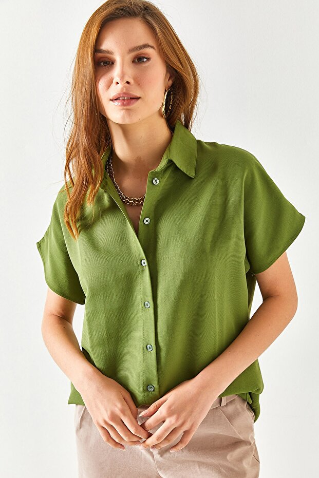 Women's Khaki Bat Oversize Linen Shirt GML-19001109