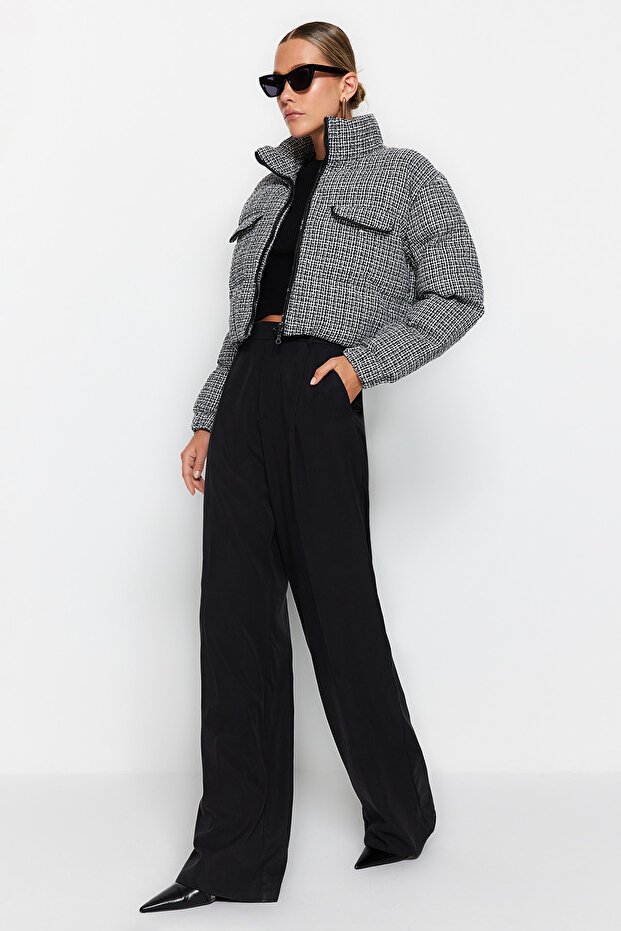 Twoaw24Mo00028 - Black Tweed Crop Puffer Coat - 3