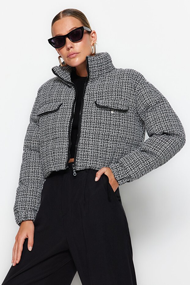 Twoaw24Mo00028 - Black Tweed Crop Puffer Coat - 1