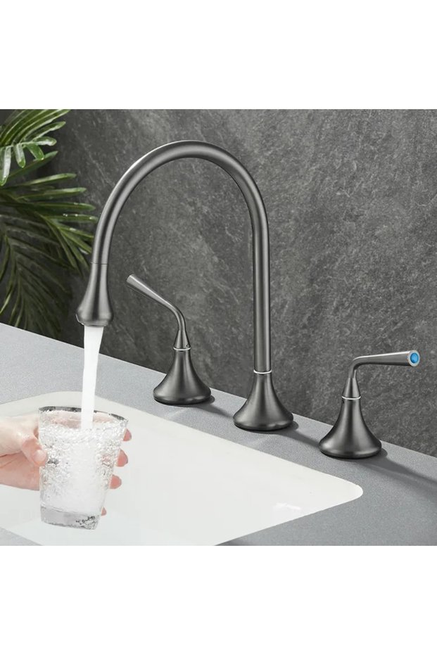 Modern Gray 360 Degree Swivel 3 Holes 2 Handles Bathroom Countertop Sink Faucet