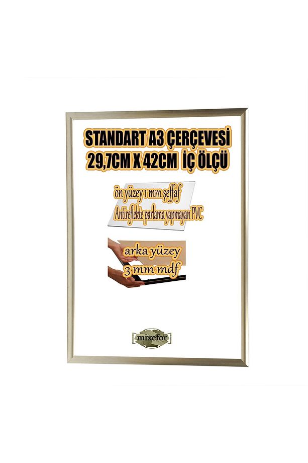 A3 Çerçeve Renk Platin Gümüş-arka Yüzey 3mm Mdf Ön Yüzey Kırılmaz Parlama Yapmayan Antireflektif - 1