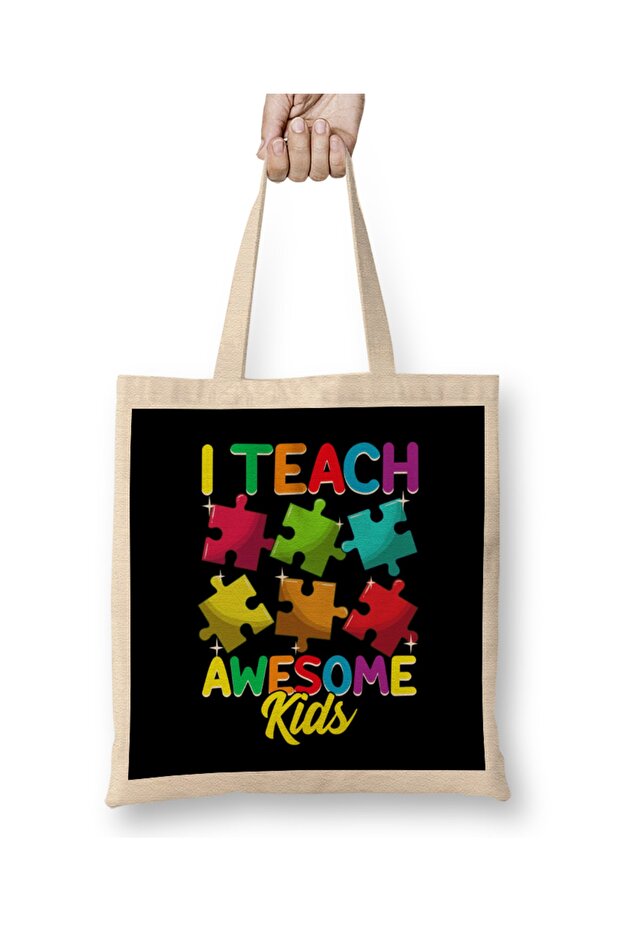 Cute I Teach Awesome Kids Teacher Autism Awareness Cloth Bag Long Handle