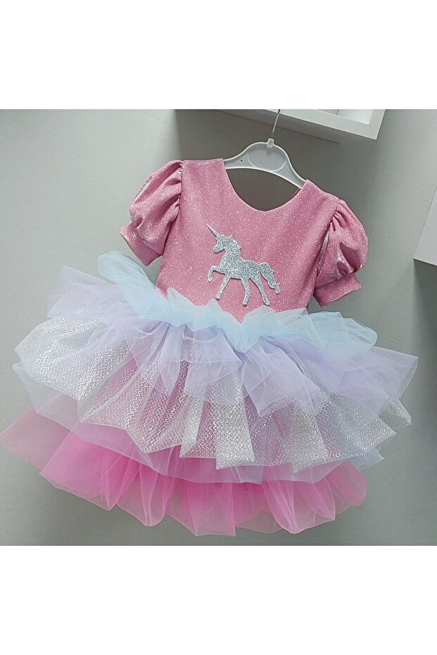 Pembe Unicorn Elbise - 1