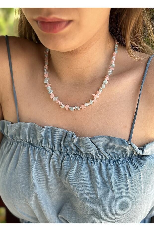 Pink Quartz Aqua Broken Natural Stone Necklace
