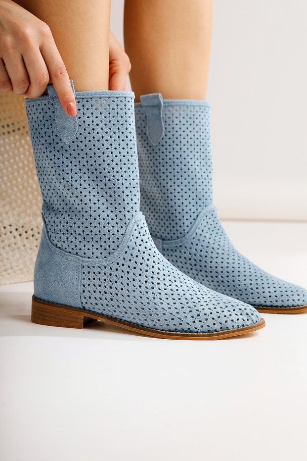 Winni Baby Blue Low Heeled Summer Women's Boots, Women's Bootie
