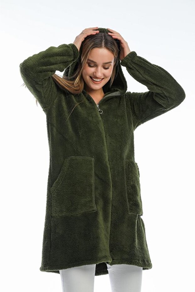 Women's Khaki Green Long Fleece Cardigan