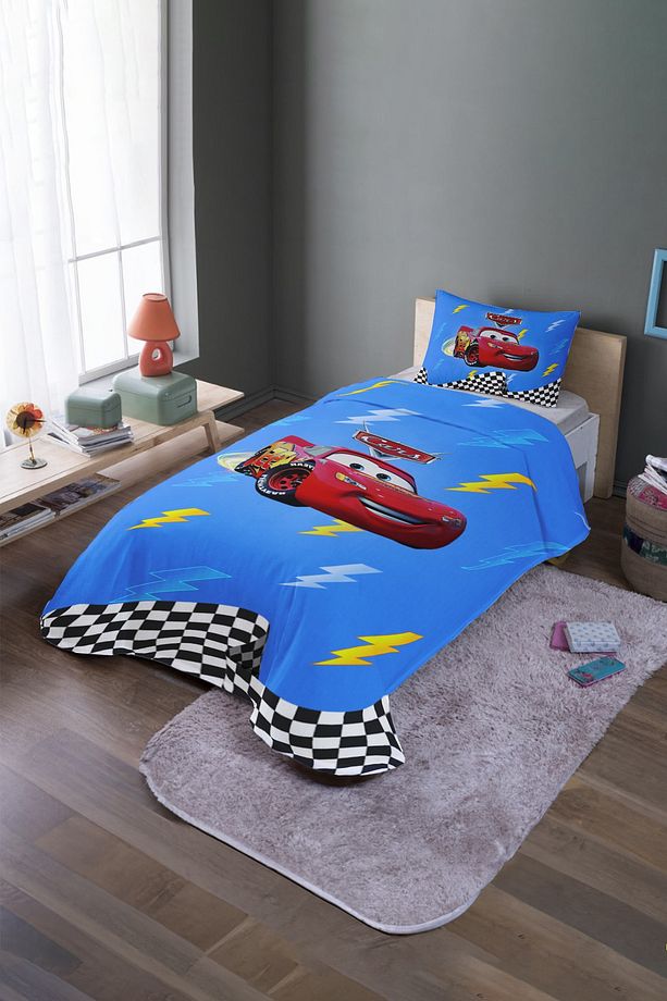 Yarış Mavi Mcqueen Desenli Tek Kişilik Pike Takımı ve Yatak Örtüsü - 2