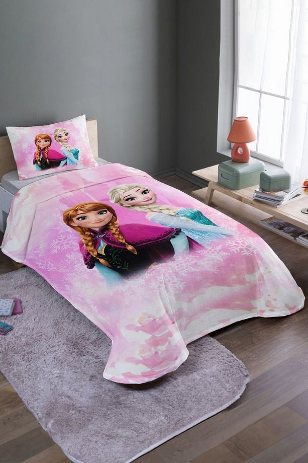 Pembe Karlı Kale Anna Elsa Desenli Tek Kişilik Pike Takımı ve Yatak Örtüsü - 2
