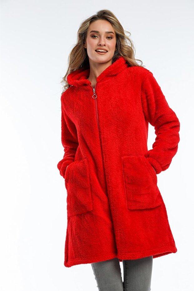 Women's Red Long Fleece Cardigan