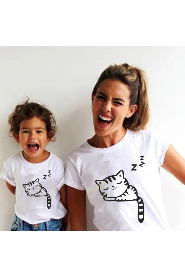 Mother Daughter Child Sleeping Cat Printed Crew Neck Cotton T-shirt (Buy 2 Pieces to Make a Combination)