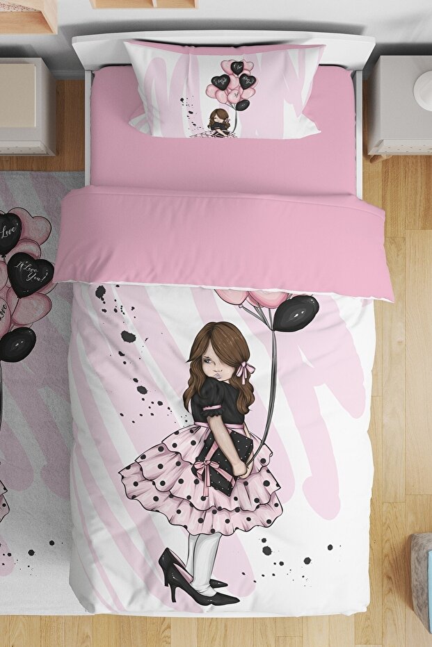 Pink Balloon Little Girl Patterned Single Baby Kids Bedding Set