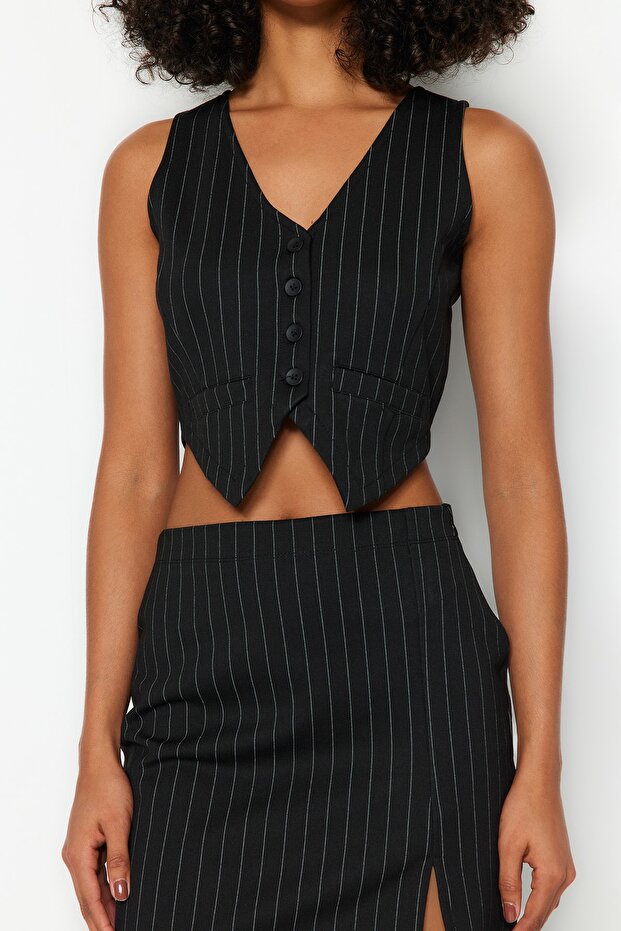 Siyah Regular Düğme Detaylı Çizgili Crop Yelek TWOSS23YE00037 - 3
