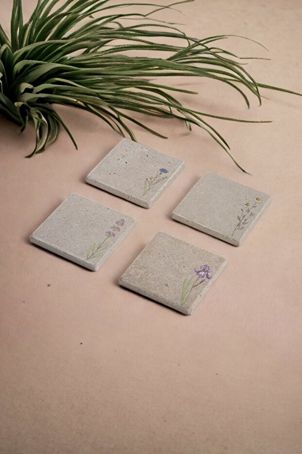 Minimal Floral Design Natural Stone Travertine Coasters Set of 4