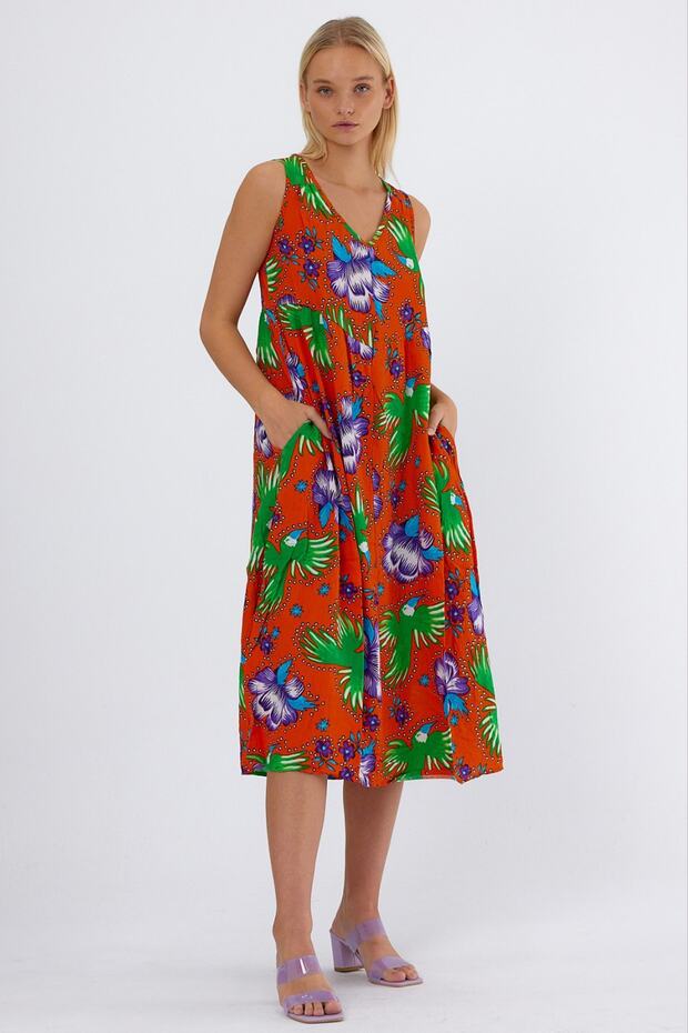 Women's Orange Flower Patterned V-Neck Sleeveless Dress