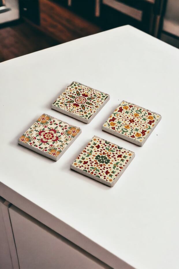 Mandala Motif Themed Natural Stone Travertine Coasters Set of 4