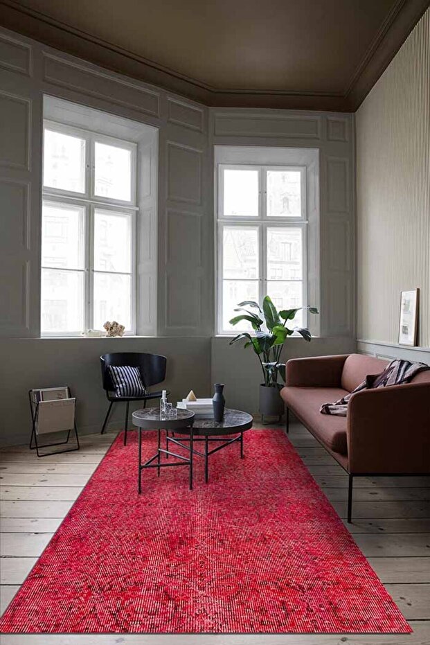 Elarte Kırmızı Eskitme Desenli Pamuk Tabanlı Yıkanabilen Kaydırmaz Antibakteriyel Şönil Salon Halısı - 1