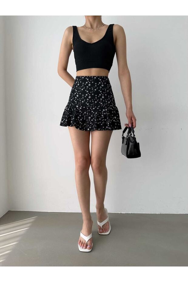 Ribbed Pleated Flounce Wrap Daisy Patterned Short Skirt