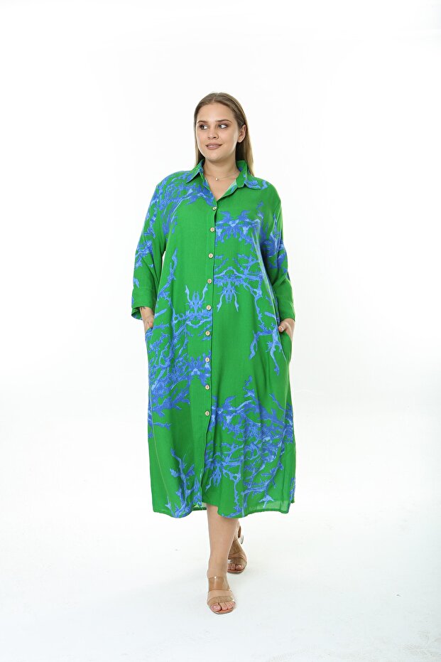 WOMEN'S LARGE SIZE WOVEN VISKOSE GREEN BLUE SHIRT DRESS