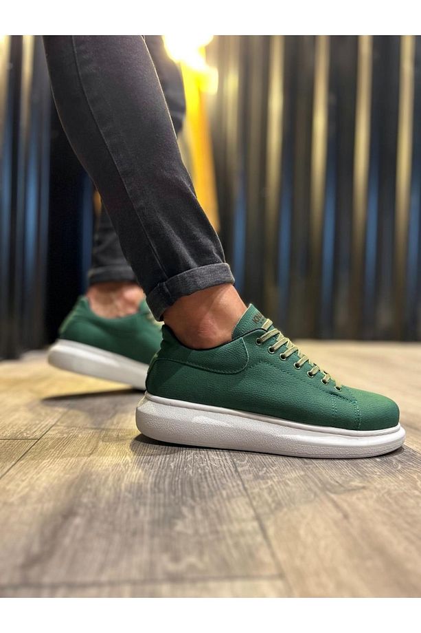 P045 Bağcıklı Yüksek/kalın Ortopedik Taban Erkek Sneaker Spor Ayakkabı Bt Yeşil - 5