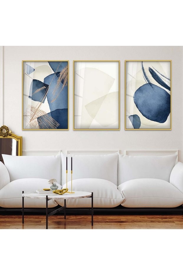 Gold Metal Framed Collage Drawing Triple Unbreakable Glass Painting Set