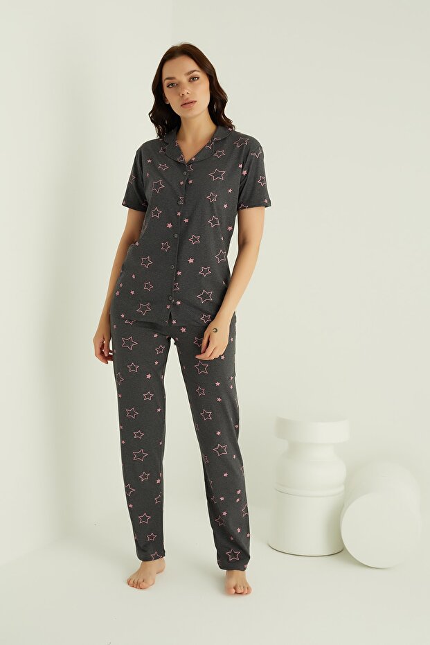 طقم بيجامة قطنية بأزرار - 2