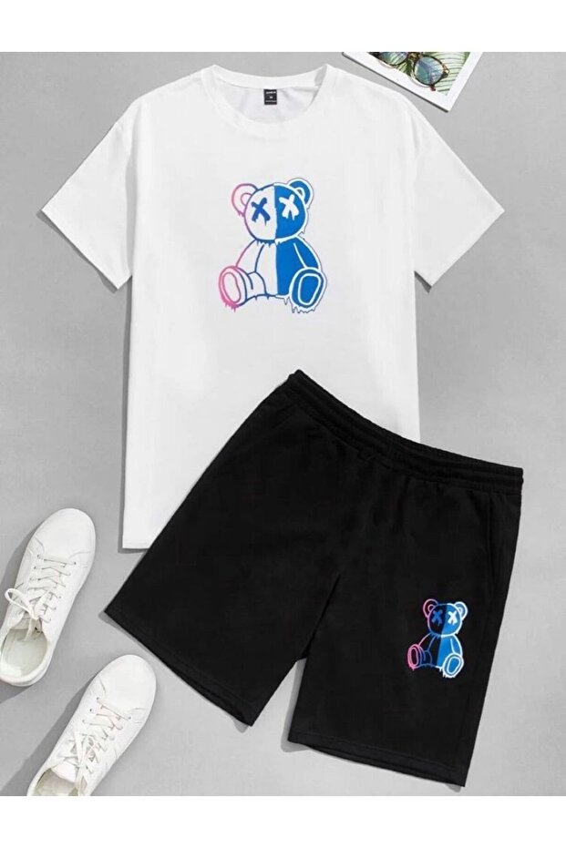Kids WHITE Neon Teddy Bear Printed Shorts-T-Shirt Set