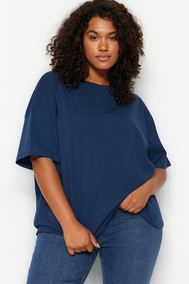 Lacivert Yaka Ribanalı Geniş Kalıp %100 Pamuk Basic Örme T-shirt TBBSS23BF00017 - 1