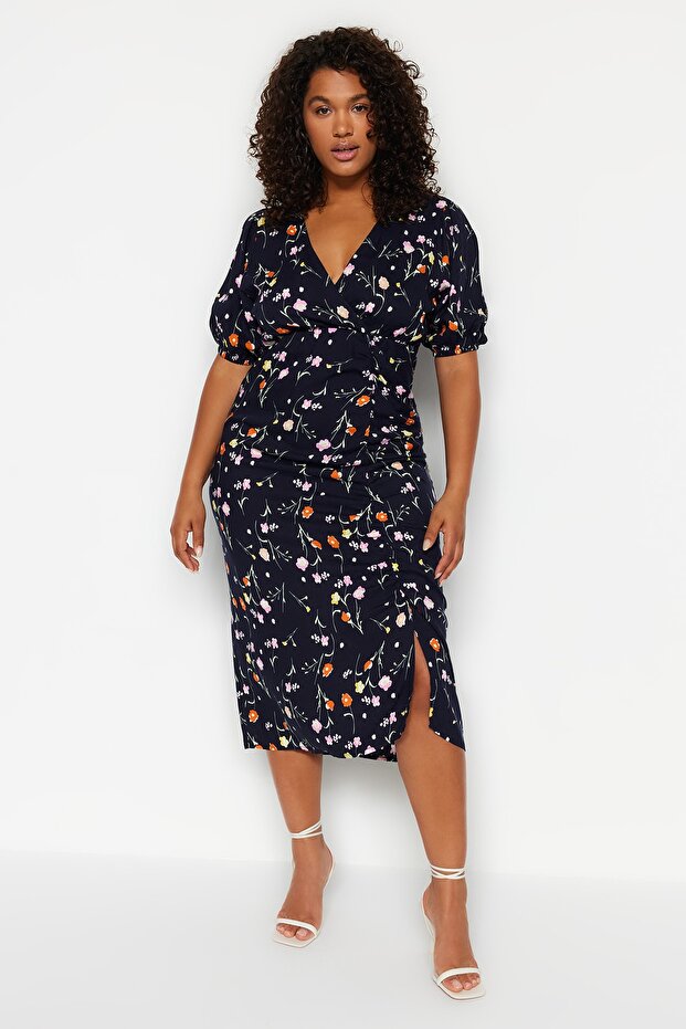 Navy Blue Floral Double Breasted Collar Woven Dress TBBSS23AH00255